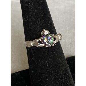 925 Sterling silver Heart Shape Mystic Topaz Claddaugh Ring Size 5.5 Vintage